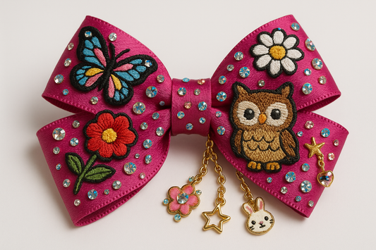 HAIR BOW WITH EMBROIDERED PATCHES AND CHARMS AND RHINESTONES REALISTIC