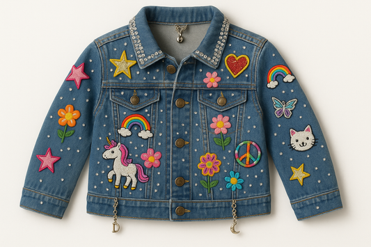 KIDS DENIM JACKET WITH IRON ON EMBROIDERED PATCHES, CHARMS AND RHINESTONES REALISTIC