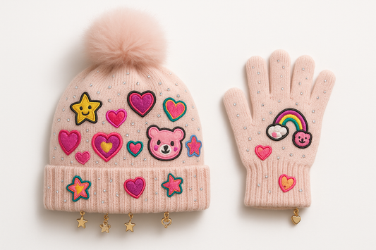 KIDS HAT AND GLOVE SET WITH RHINESTONES EMBROIDERED PATCHES AND CHARMS REALISTIC